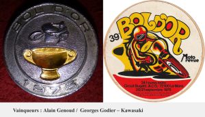 Broche en métal, commémorative du 39e Bol d'or 1975 + autocollant - Circuit Bugatti Le Mans